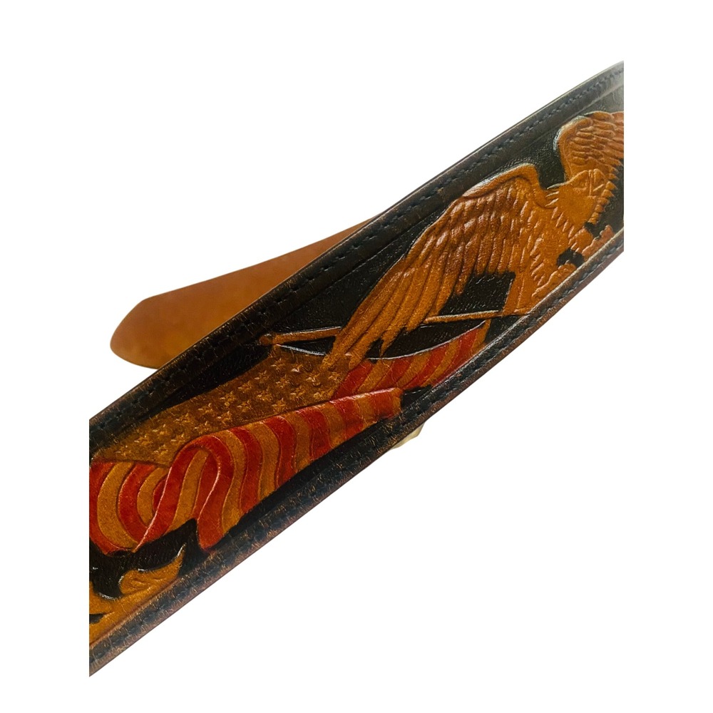 Vintage Western patrioticTooled Leather Belt Eagle‎ American Flag  Brown Sz 40